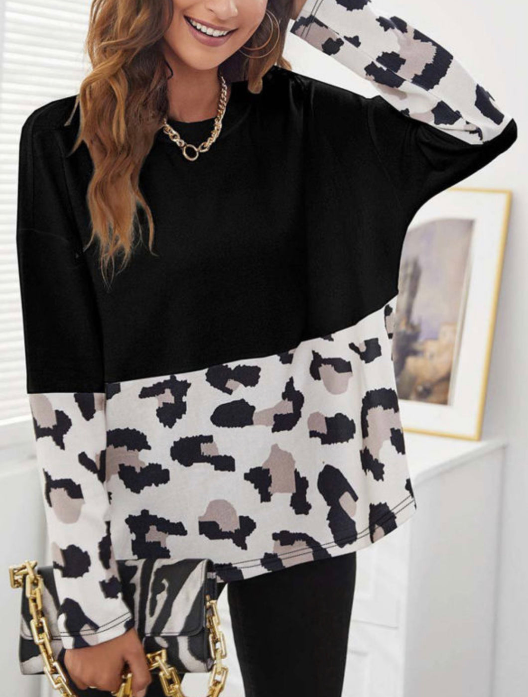Black and Leopard Color Block Long Sleeve Top