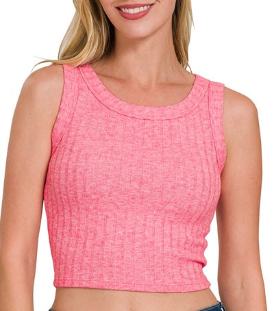 RIBBED BOAT NECK CROPPED SLEEVELESS TOP