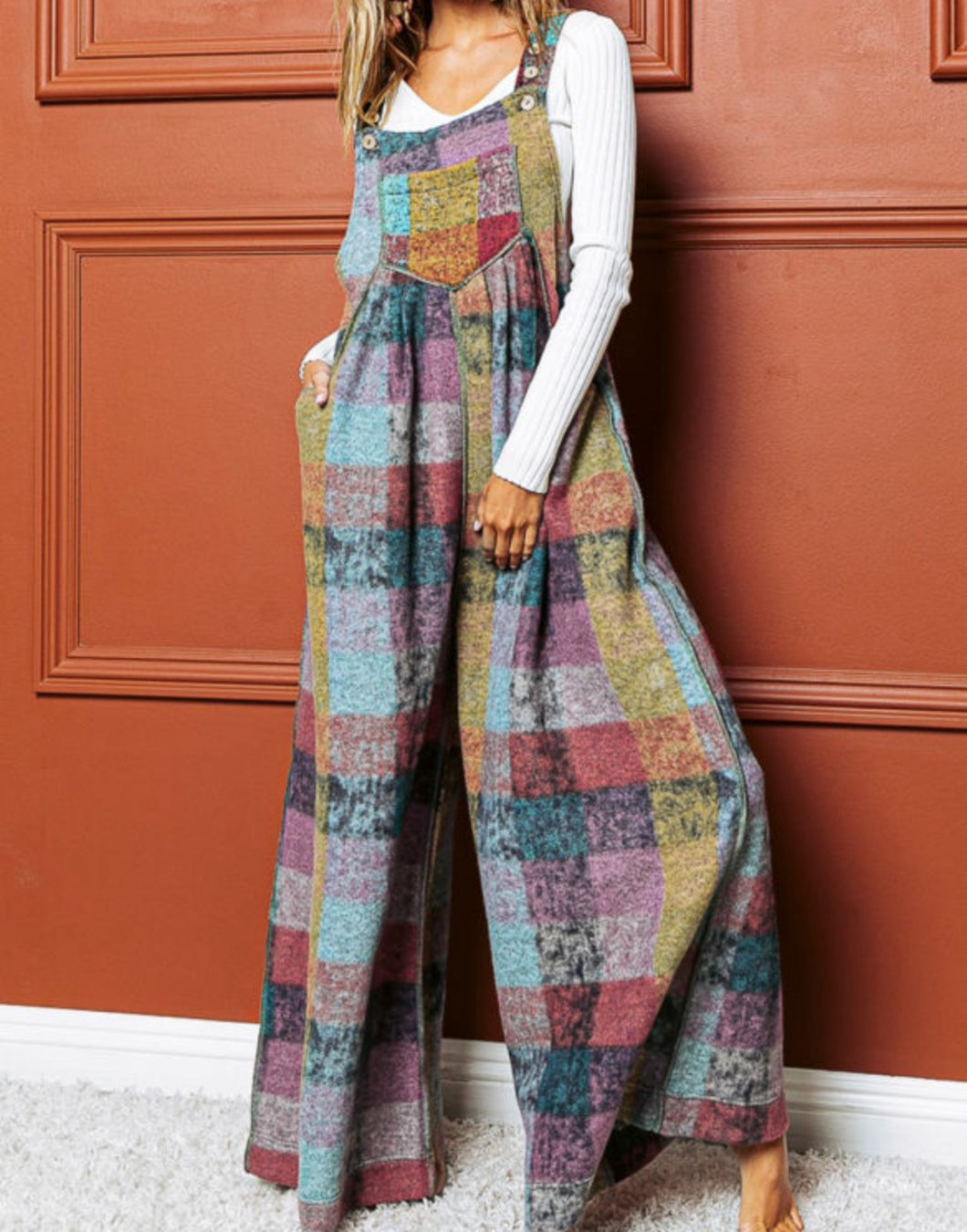 Multicolour Brushed Checkered Wide Leg Overalls