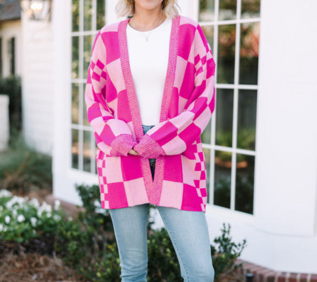 Pink Checkered Cardigan