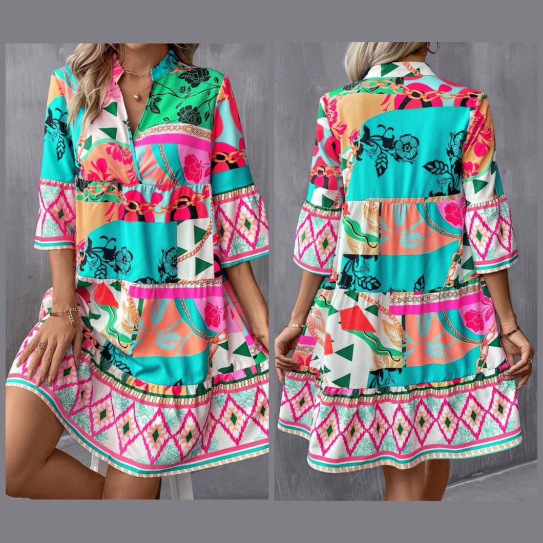 Multicolor Abstract Tiered Dress