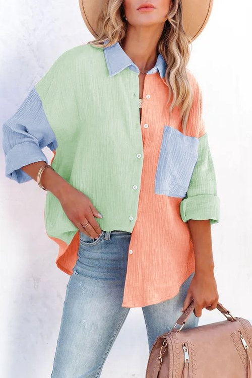 Color Block Blouse Oversize Shirt Mint/Orange