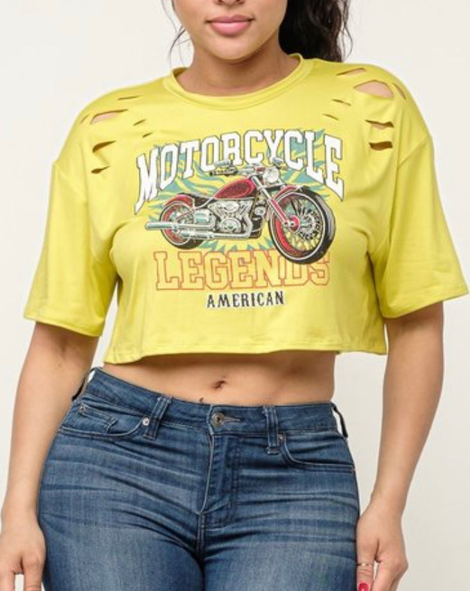 Neon Yellow Motorcycle Boxy Crop Top with Laser Cut Detail