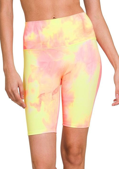 ATHLETIC TIE DYE HIGH WAISTED BIKER SHORTS-Neon Pink/Yellow