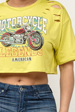 Load image into Gallery viewer, Neon Yellow Motorcycle Boxy Crop Top with Laser Cut Detail
