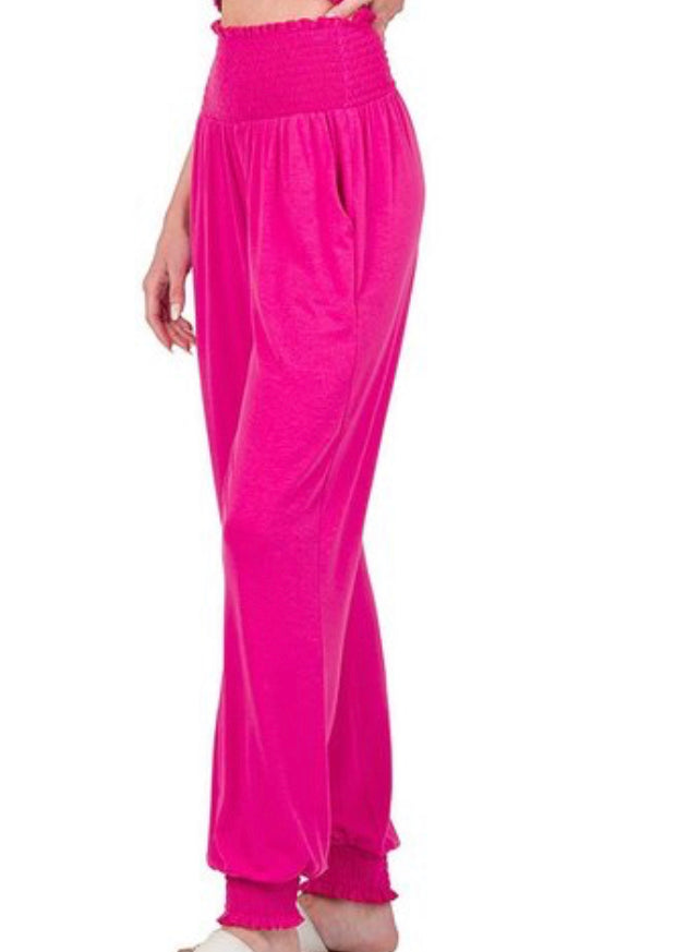 HIGH-WAISTED SMOCKED LOUNGE JOGGER PANTS (Neon Hot Pink)