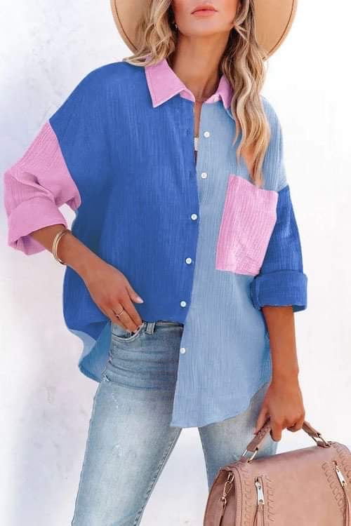 Color Block Blouse Oversize Shirt Blue/Light Blue